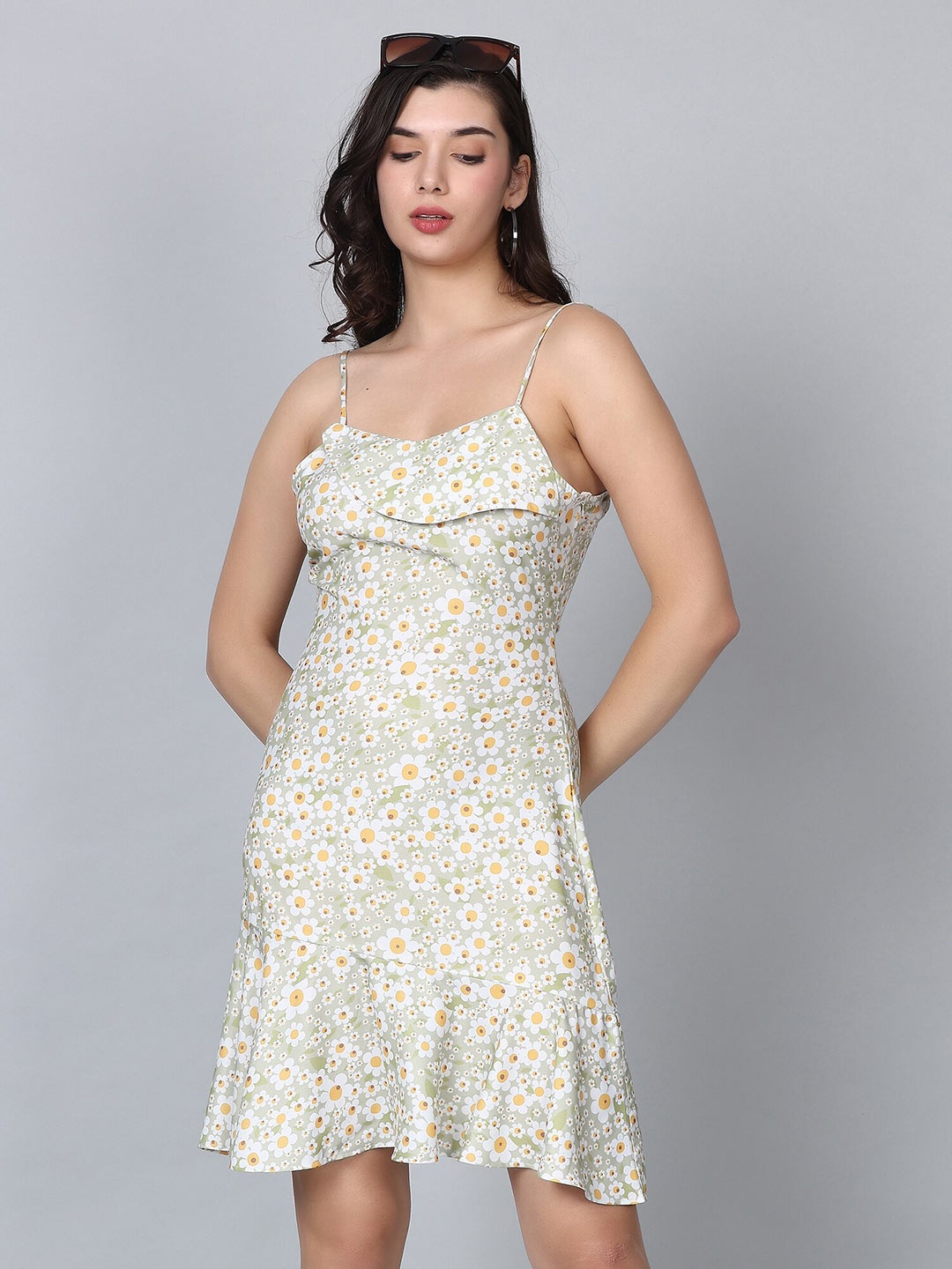 

HAUTEQUE Floral Printed Shoulder Strap A-Line Dress, Green