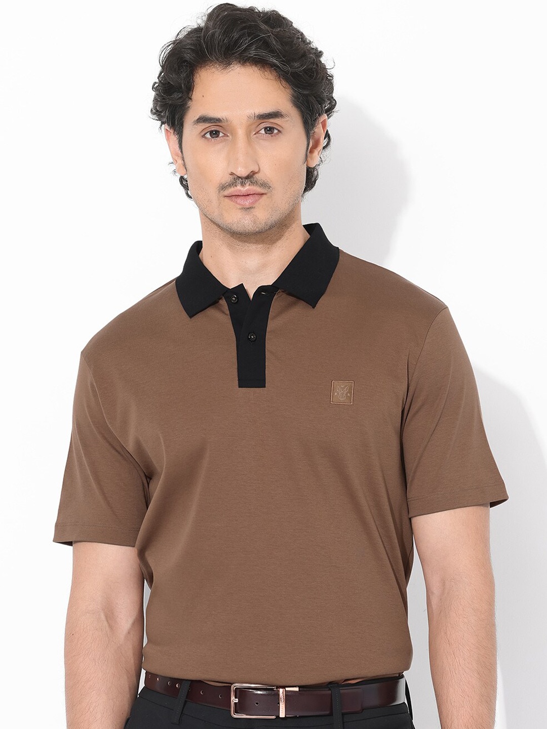 

RARE RABBIT Men Trex Polo Collar Short Sleeves Regular Fit T-Shirt, Brown