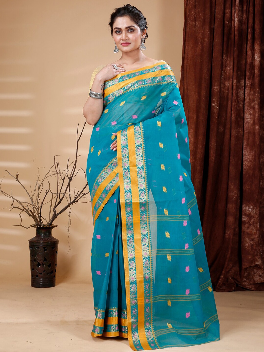 

SLAGHA Ethnic Motifs Woven Design Zari Pure Cotton Taant Saree, Turquoise blue