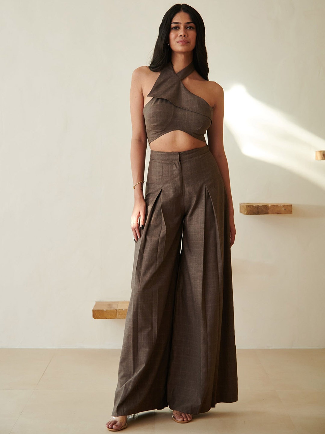 

Lea Clothing Co. Halter Neck Crop Top With Flared Trousers, Coffee brown