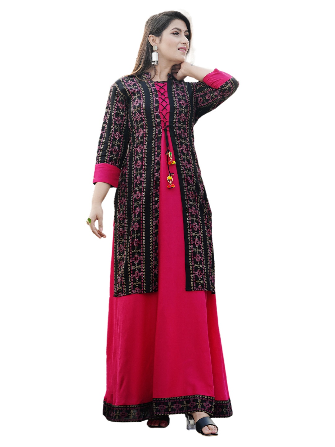 

DSS FASHION Floral Printed Round Neck Anarkali Jacket Kurta, Green