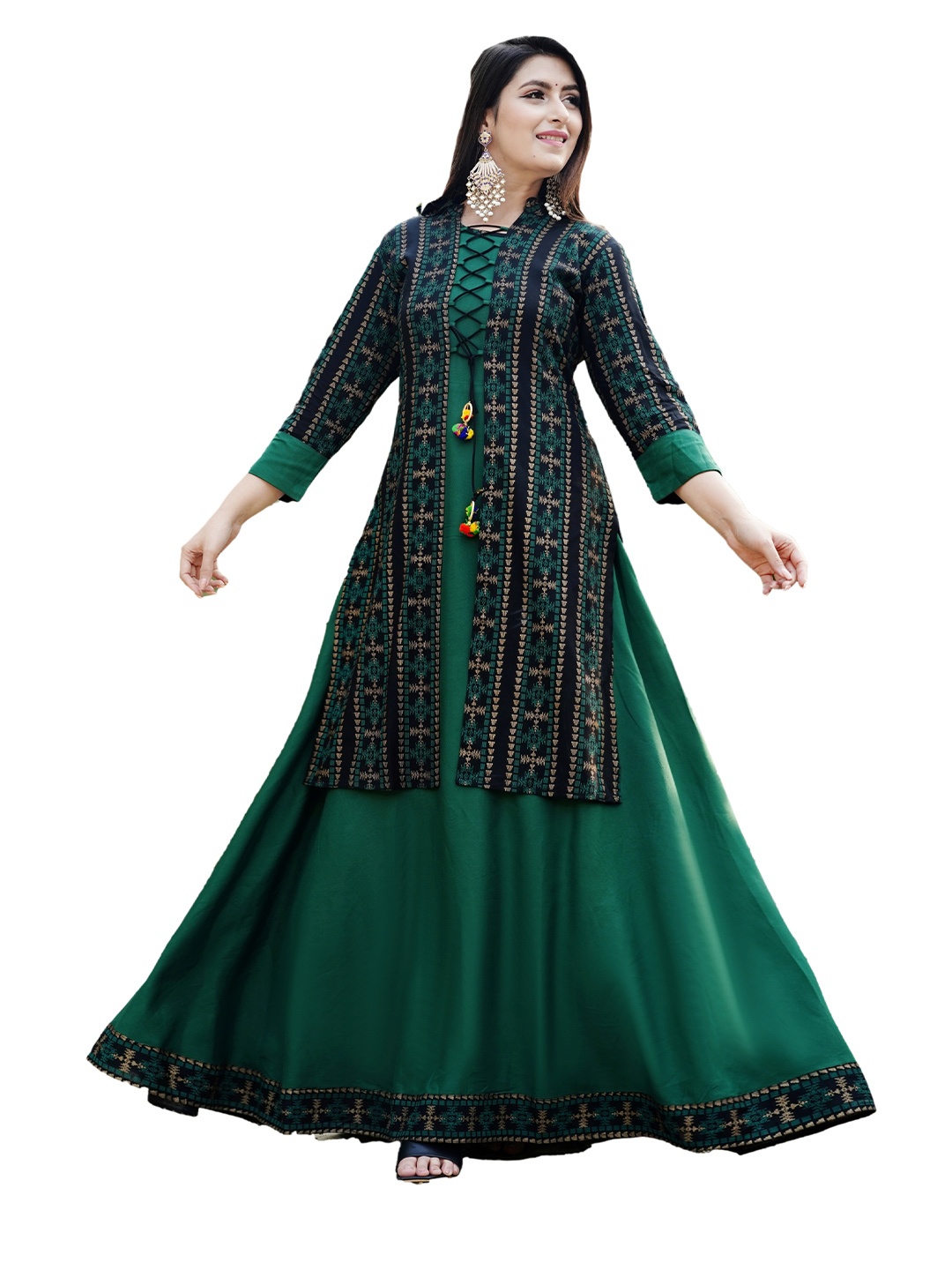 

DSS FASHION Floral Printed Round Neck Anarkali Jacket Kurta, Green