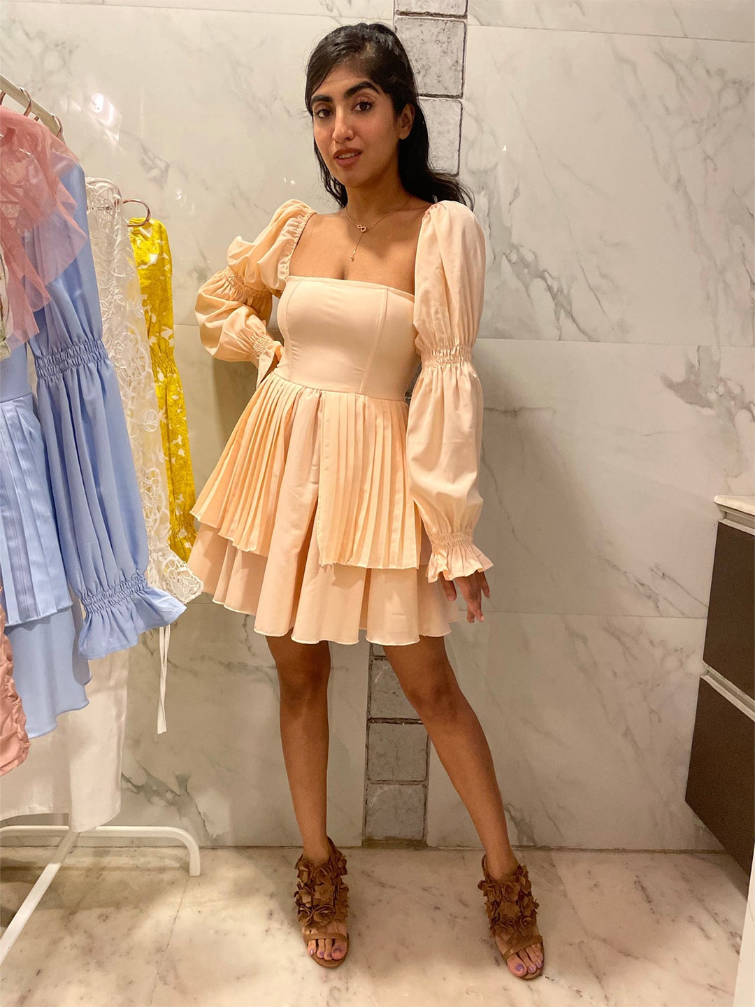 

Lea Clothing Co. Striped Crepe Fit & Flare Dress, Peach