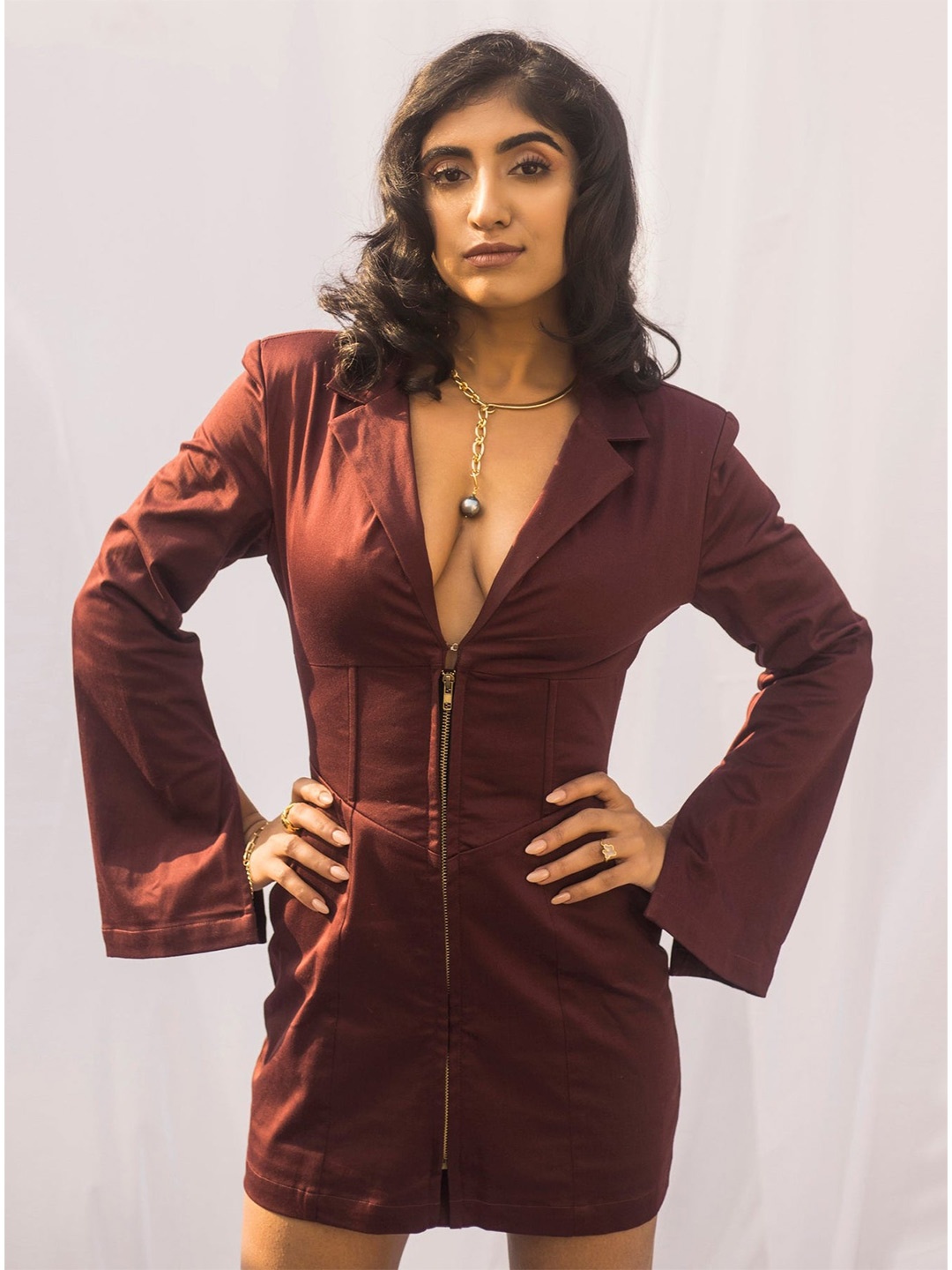 

Lea Clothing Co. V-Neck Long Sleeves Satin Sheath Dress, Burgundy