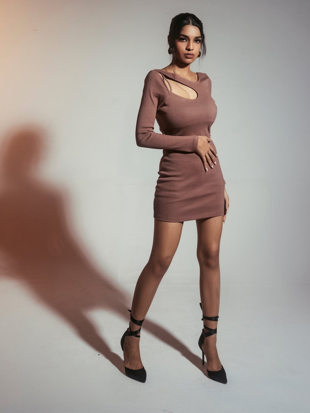 

Lea Clothing Co. Asymmetric Neck Bodycon Mini Dress, Brown