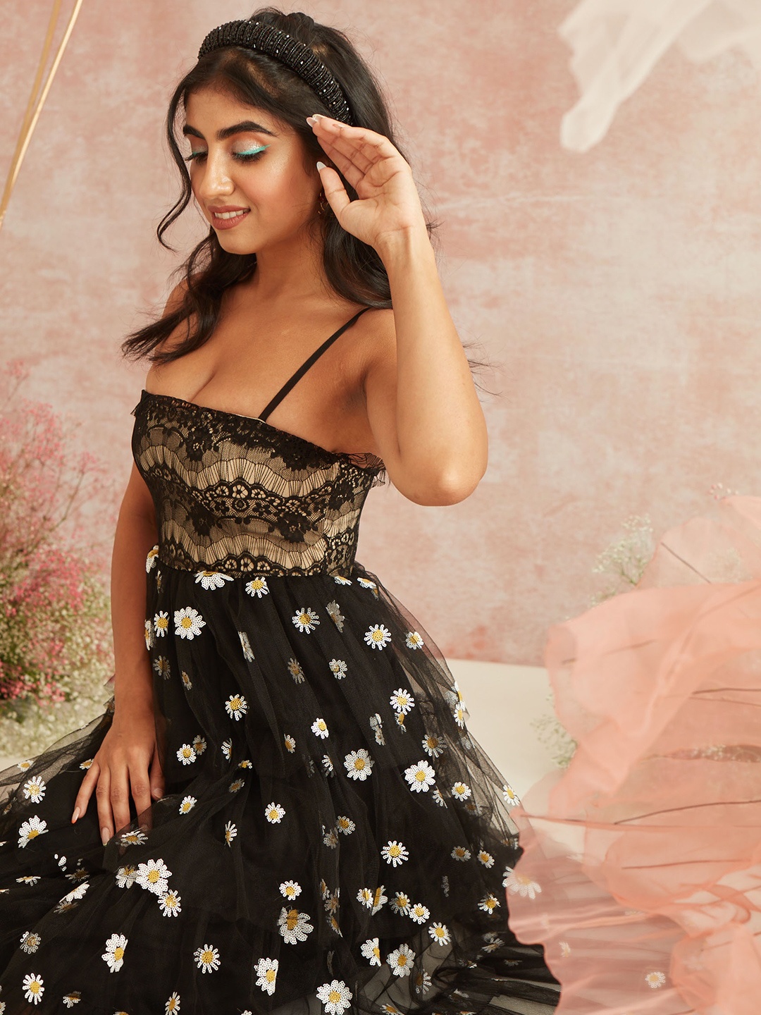 

Lea Clothing Co. Floral Print Net Fit & Flare Dress, Black