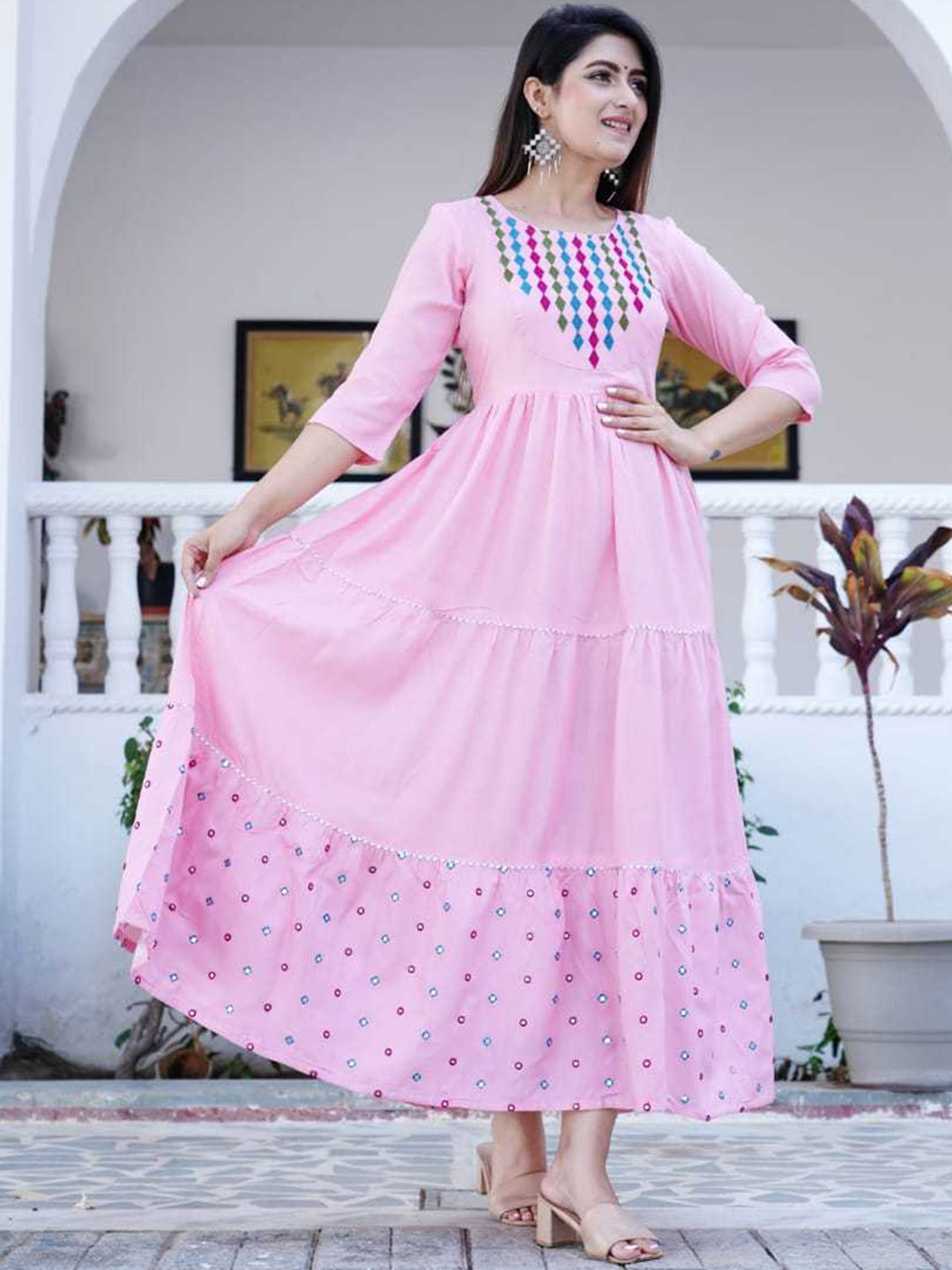 

DSS FASHION Geometric Embroidered Mirror Work Tiered Anarkali Kurta, Pink