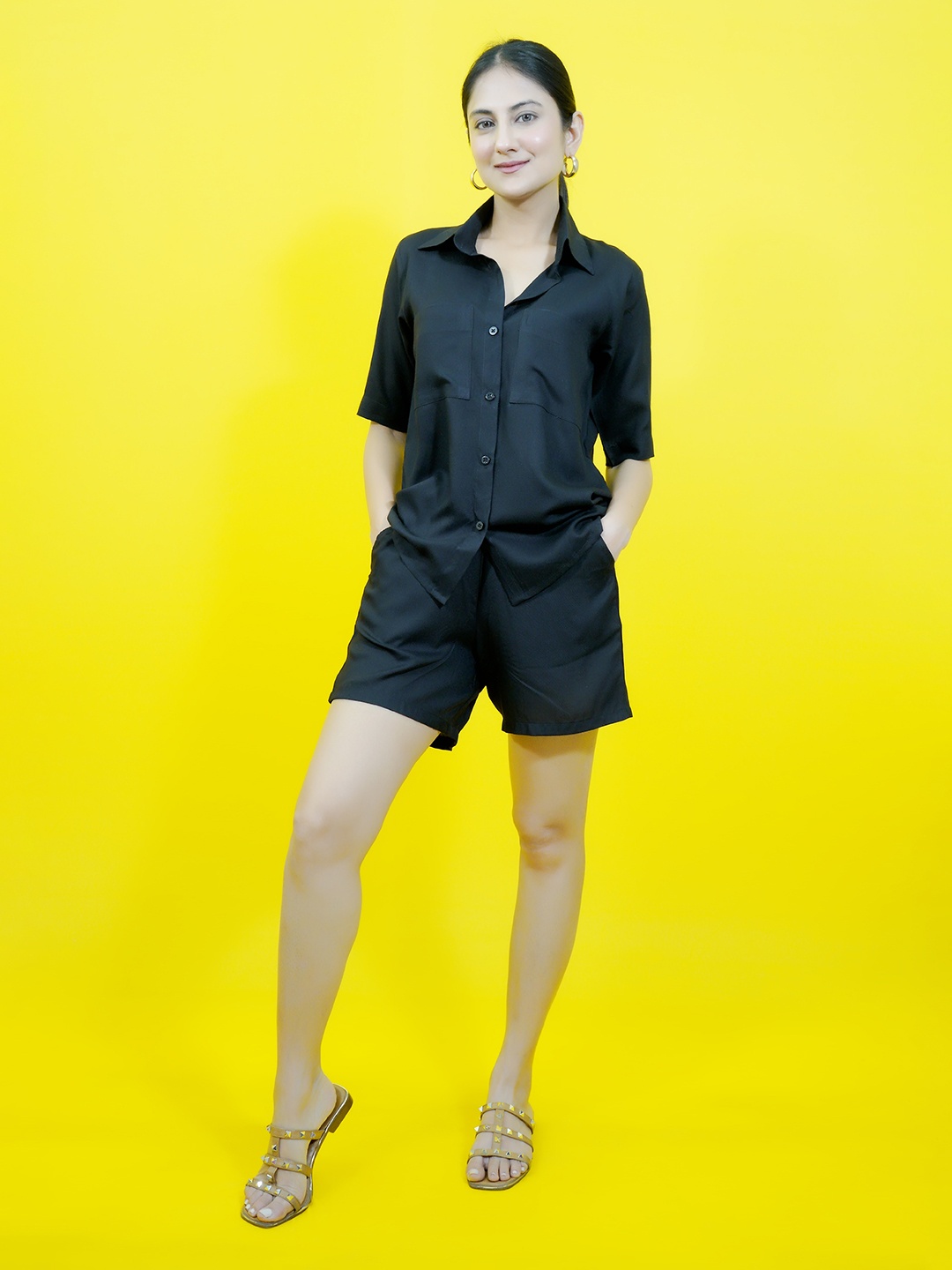 

CRAZEVILLA Shirt Collar Shirt With Shorts, Black