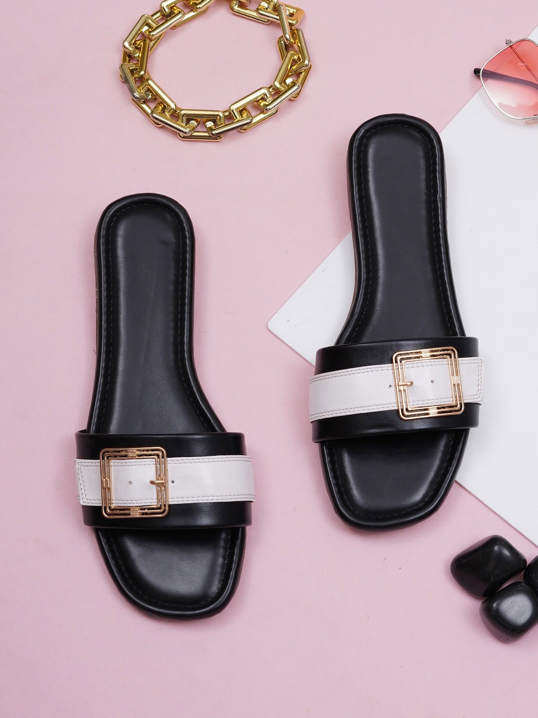 

HASTEN Buckle Detailed Open Toe Flats, Black