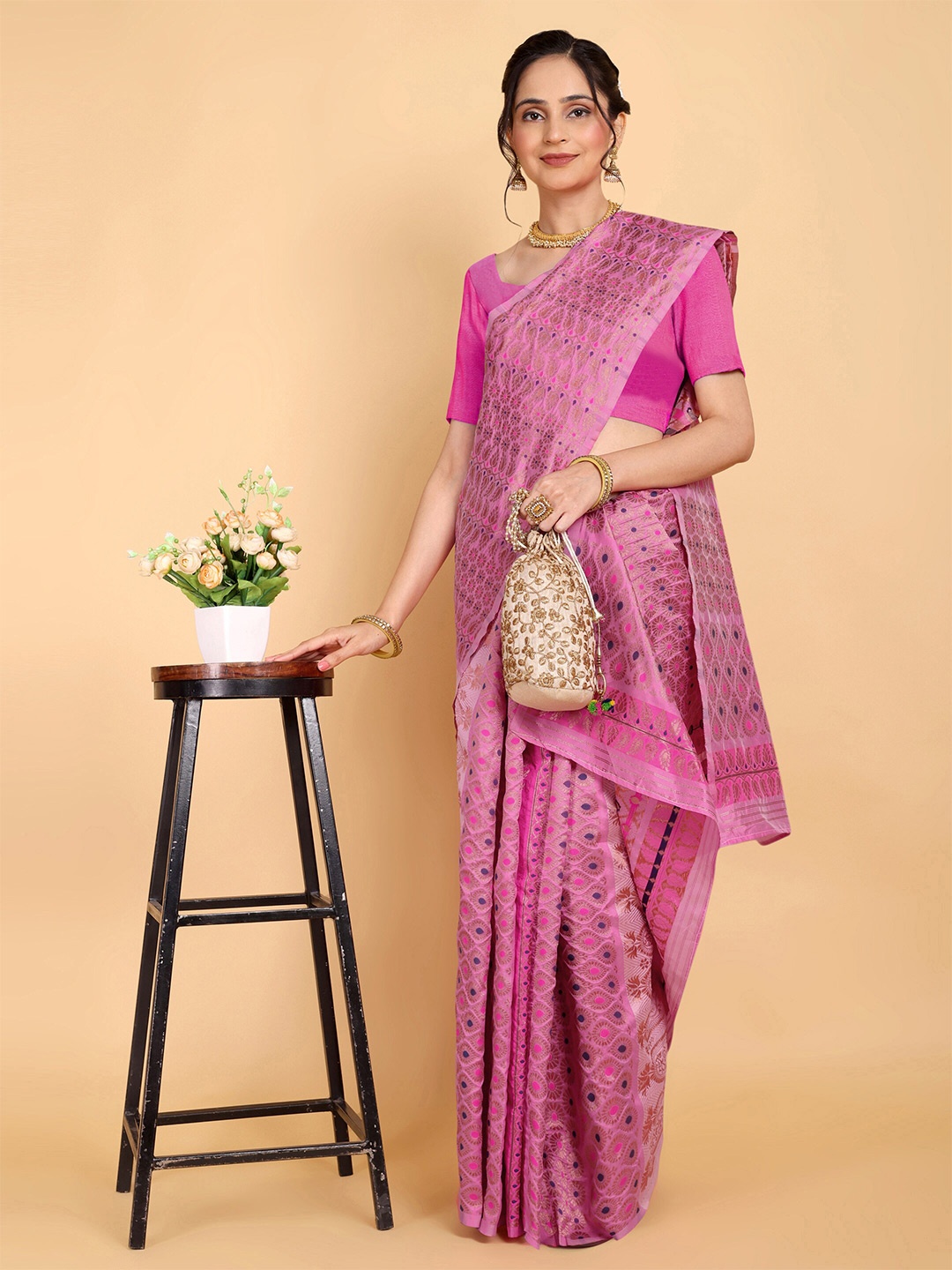 

Rose Villa Woven Design Assamese Mekhela Chador Saree, Pink
