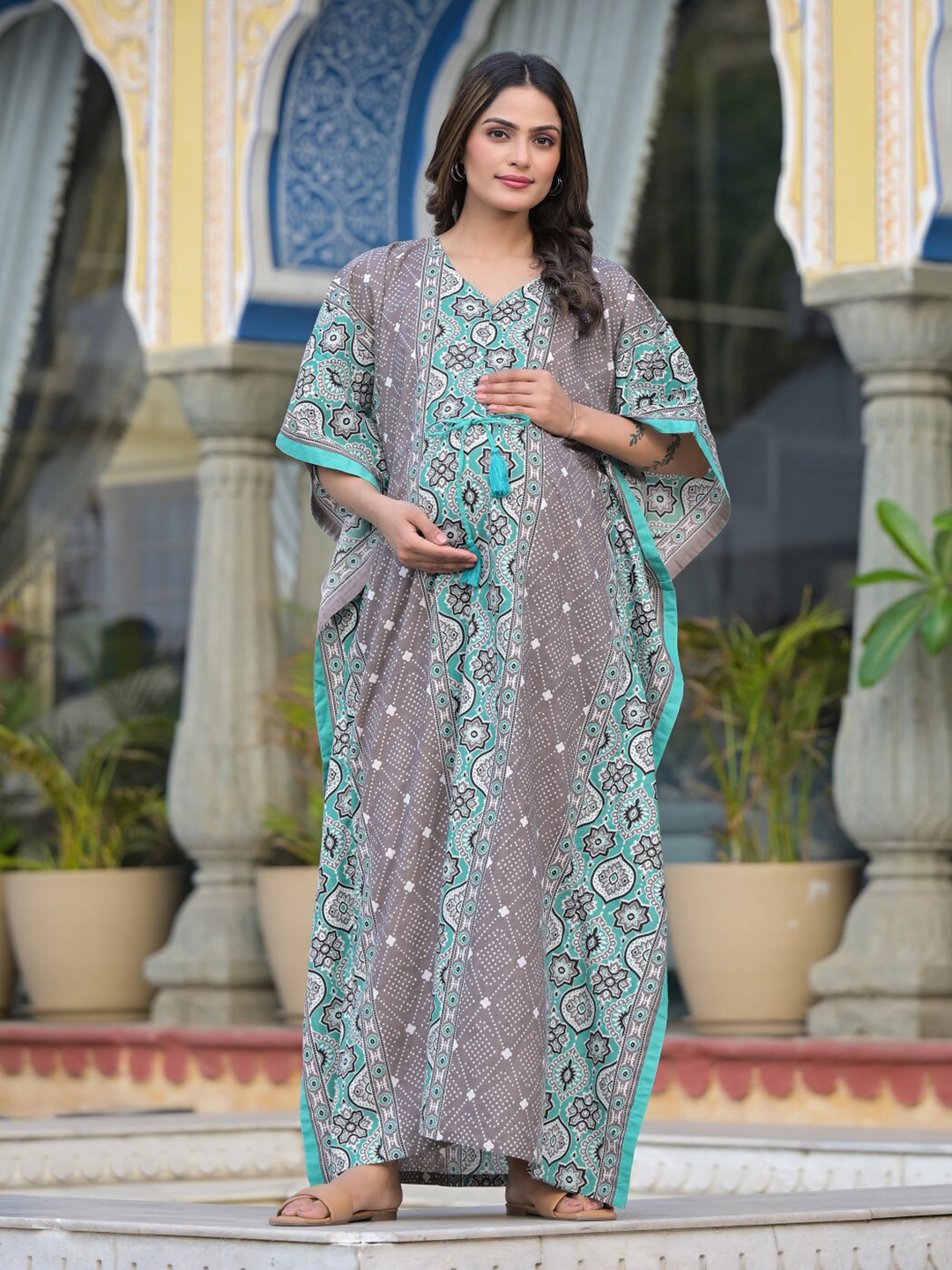 

Aujjessa Ethnic Motifs Maternity Cotton Kaftan Maxi Dress, Teal