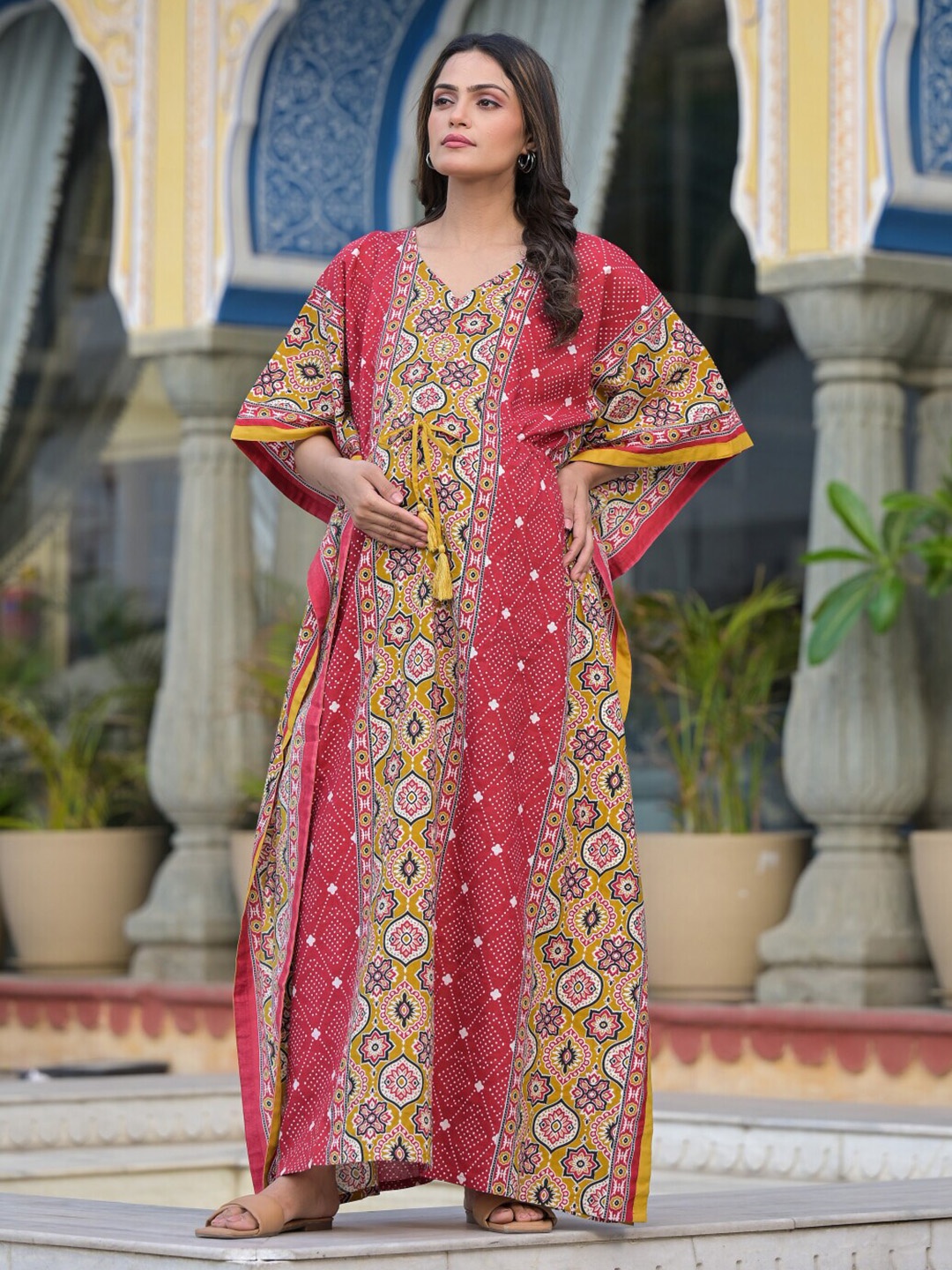 

Aujjessa Ethnic Motifs Maternity Cotton Kaftan Maxi Dress, Red