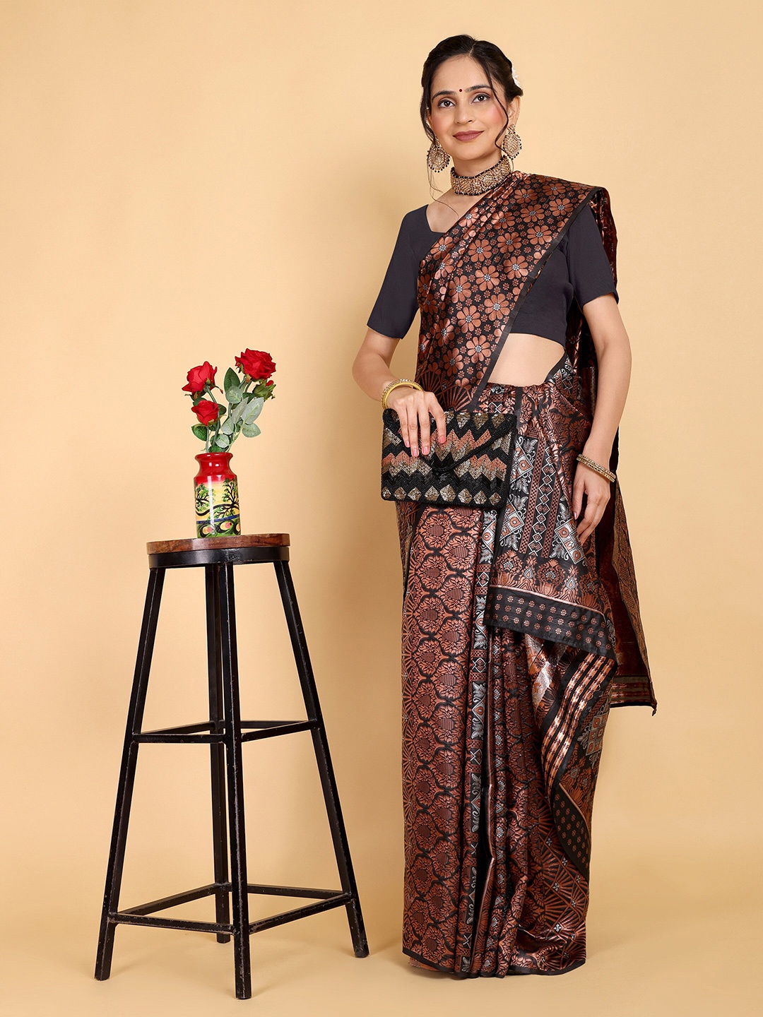 

Rose Villa Woven Design Assamese Mekhela Chador Saree, Black