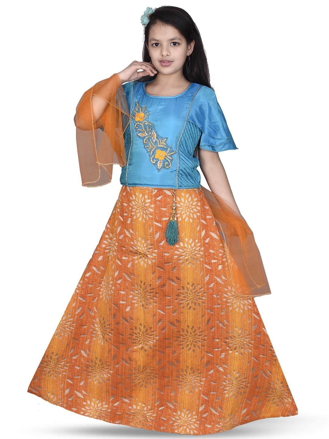 

BAESD Girls Embellished Ready to Wear Lehenga & Blouse With Dupatta, Blue