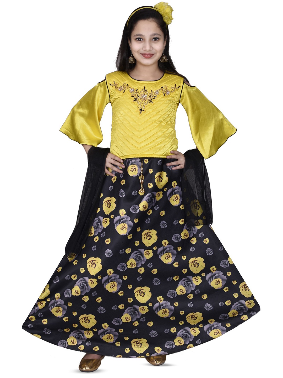 

BAESD Girls Embellished Beads & Stones Ready to Wear Lehenga & Blouse With Dupatta, Yellow