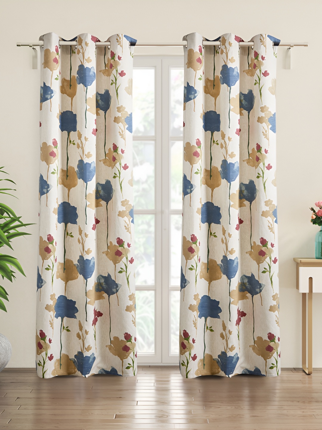 

Home Centre Mellow White & Blue 2 Pieces Floral Printed Eyelet Cotton Door Curtains
