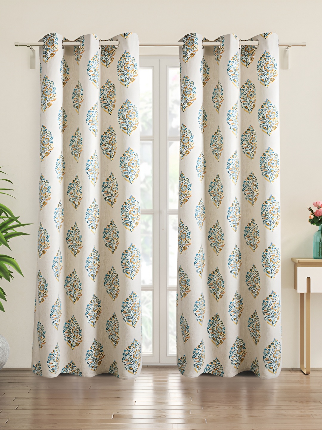 

Home Centre Mellow Beige & Blue 2 Pieces Floral Printed Eyelet Cotton Door Curtains