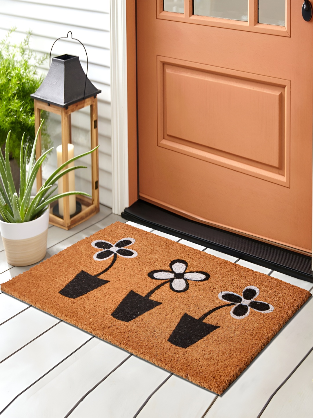 Home Centre Brown & Black Floral Printed Anti-Skid Doormat