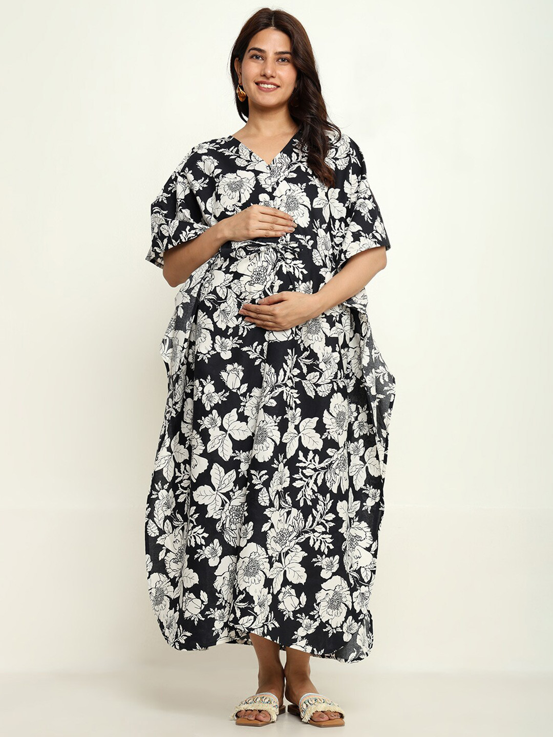 

CRAFTBAZAR Floral Print Maternity Cotton Kaftan Maxi Dress, White