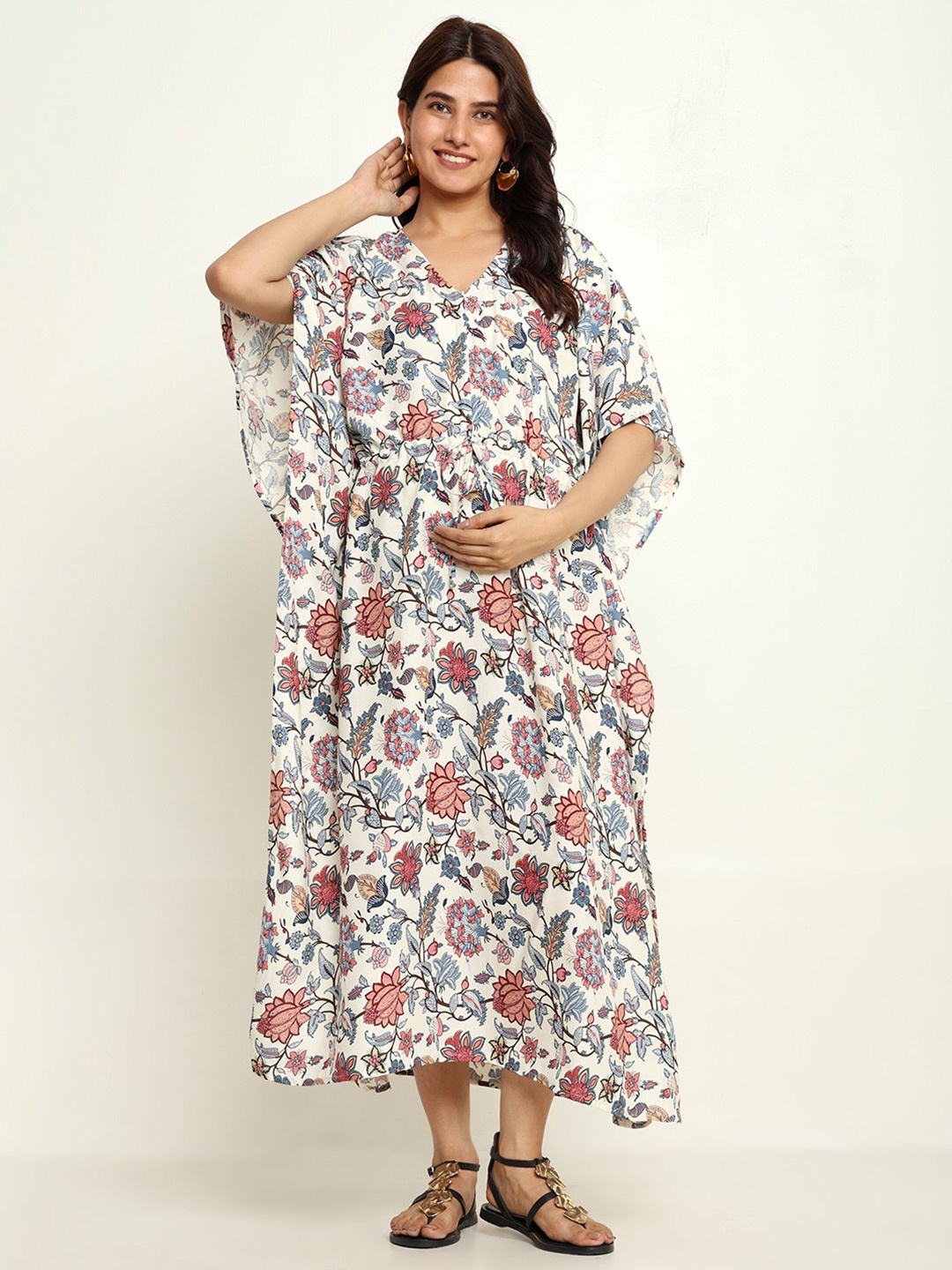

CRAFTBAZAR Floral Print Kimono Sleeves Maternity Kaftan Midi Dress, White