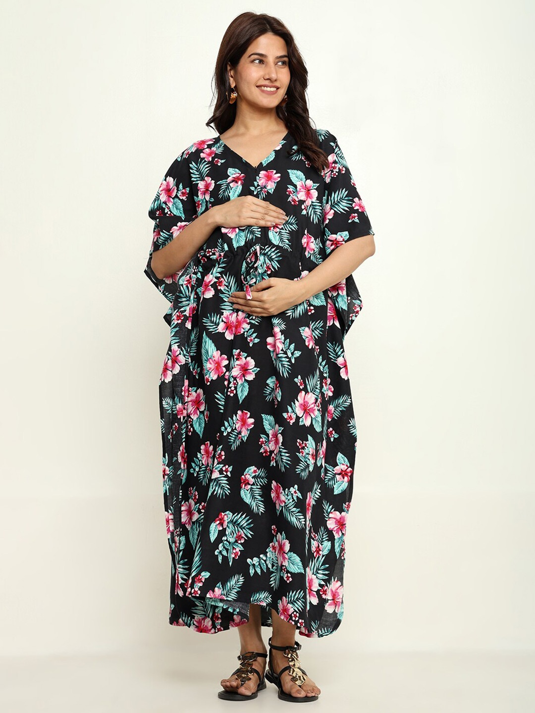 

CRAFTBAZAR Floral Print Maternity Kaftan Maxi Dress, Black