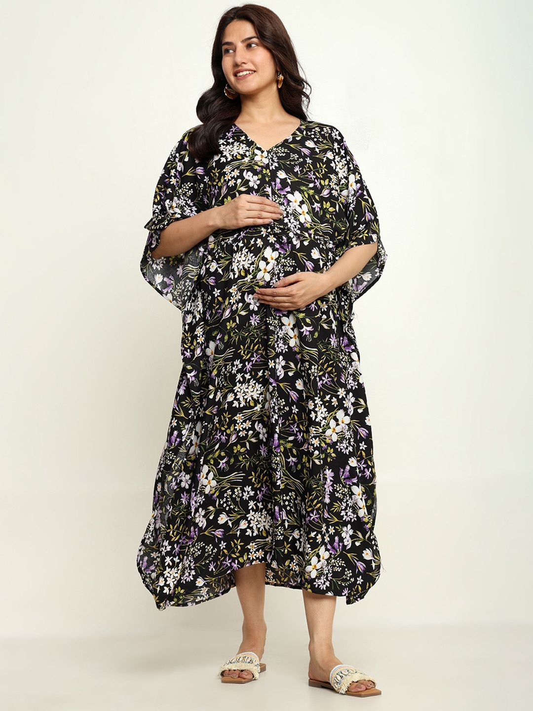 

CRAFTBAZAR Floral Print Kimono Sleeves Maternity Kaftan Midi Dress, Black