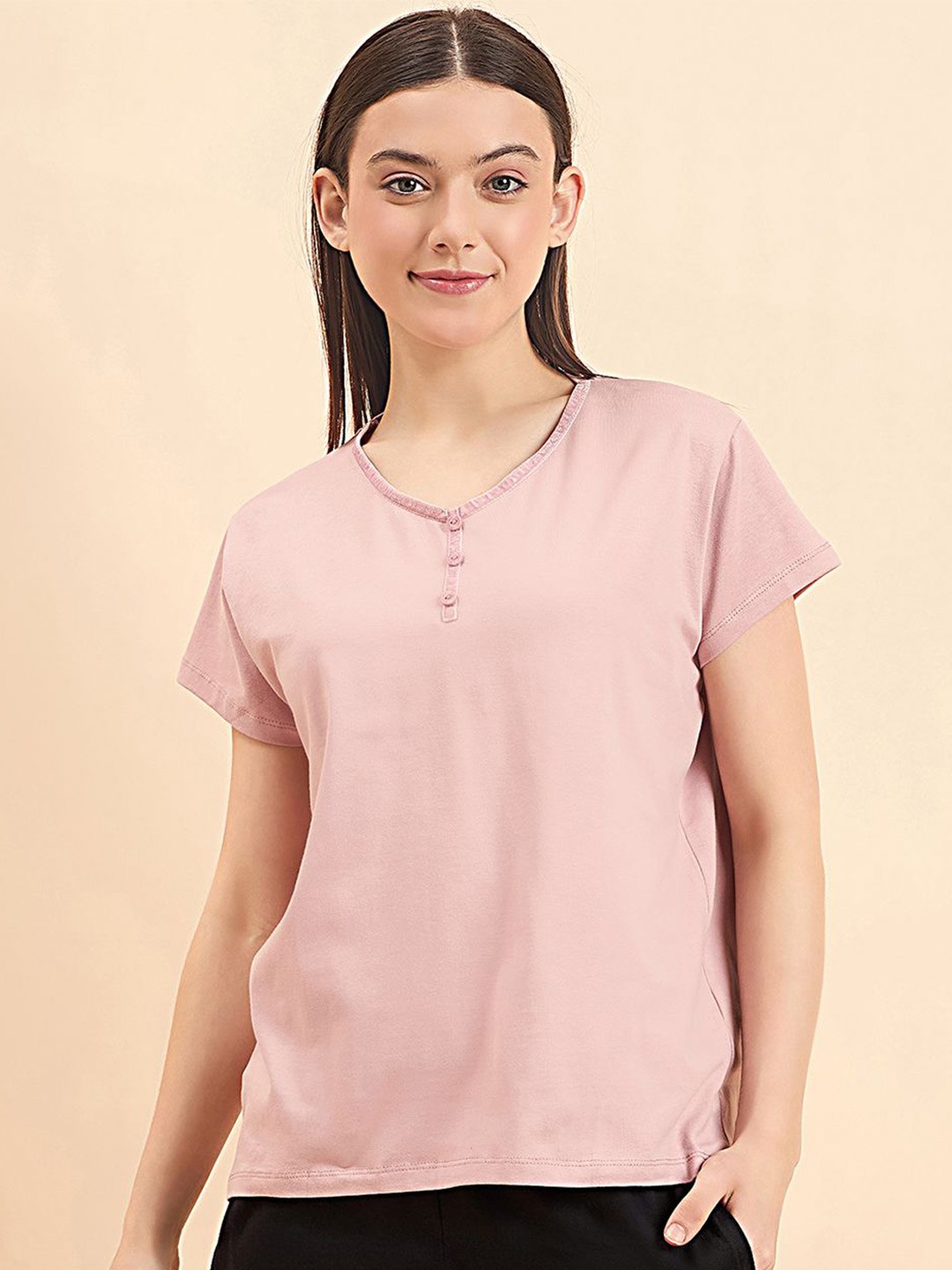 

Sweet Dreams Women Printed Half Sleeves V-Neck Extended Sleeves T-shirt, Pink