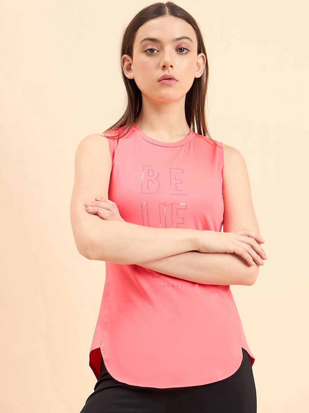 

Sweet Dreams Women Typography Printed Sleeveless Applique T-shirt, Peach