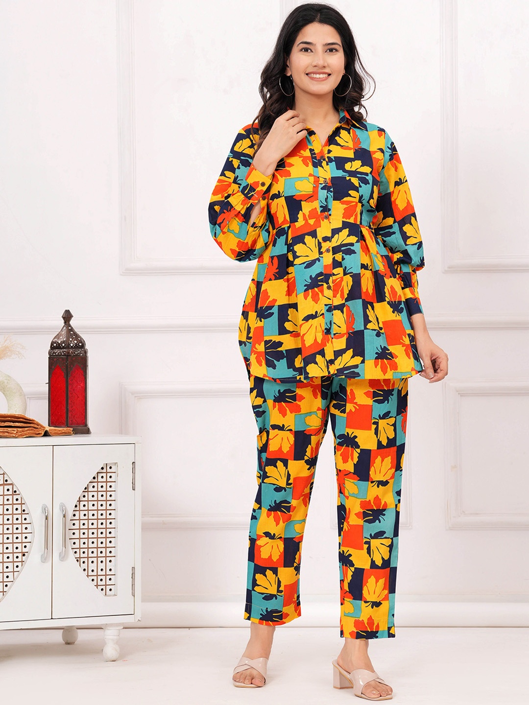 

UNBIND Floral Printed Shirt Collar Pure Cotton Shirt With Trousers, Yellow