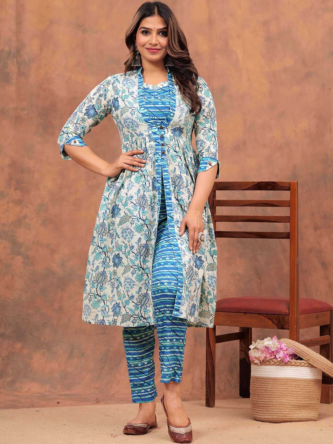 

UNBIND Printed Pure Cotton Top With Trousers & Shrug, Blue