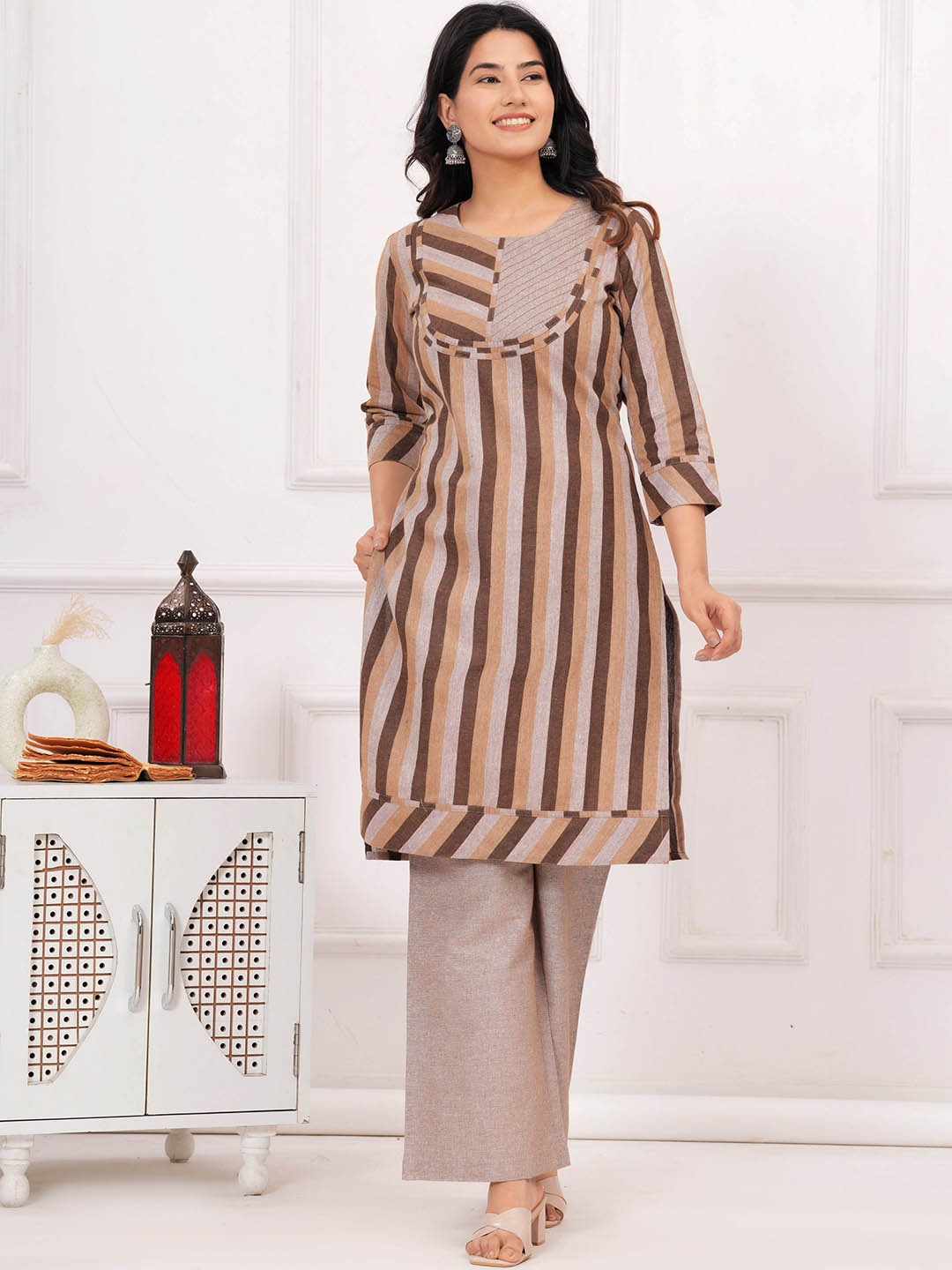 

UNBIND Striped Pure Cotton Tunic With Palazzo, Brown