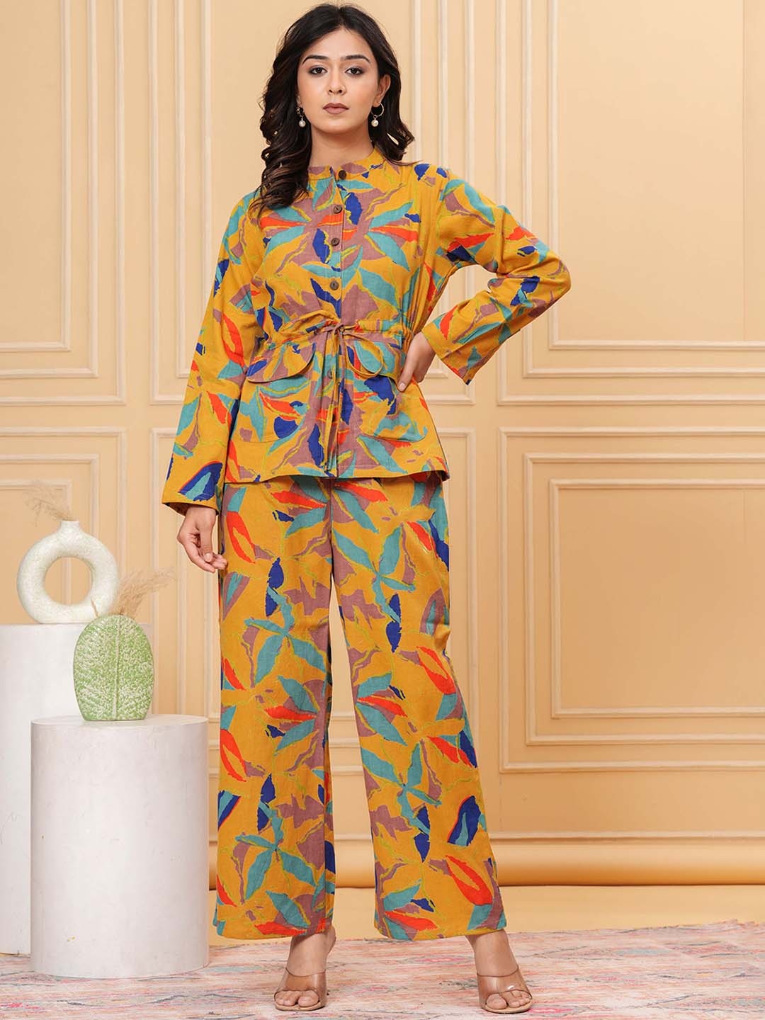 

UNBIND Abstract Printed Pure Cotton Top With Trousers, Yellow