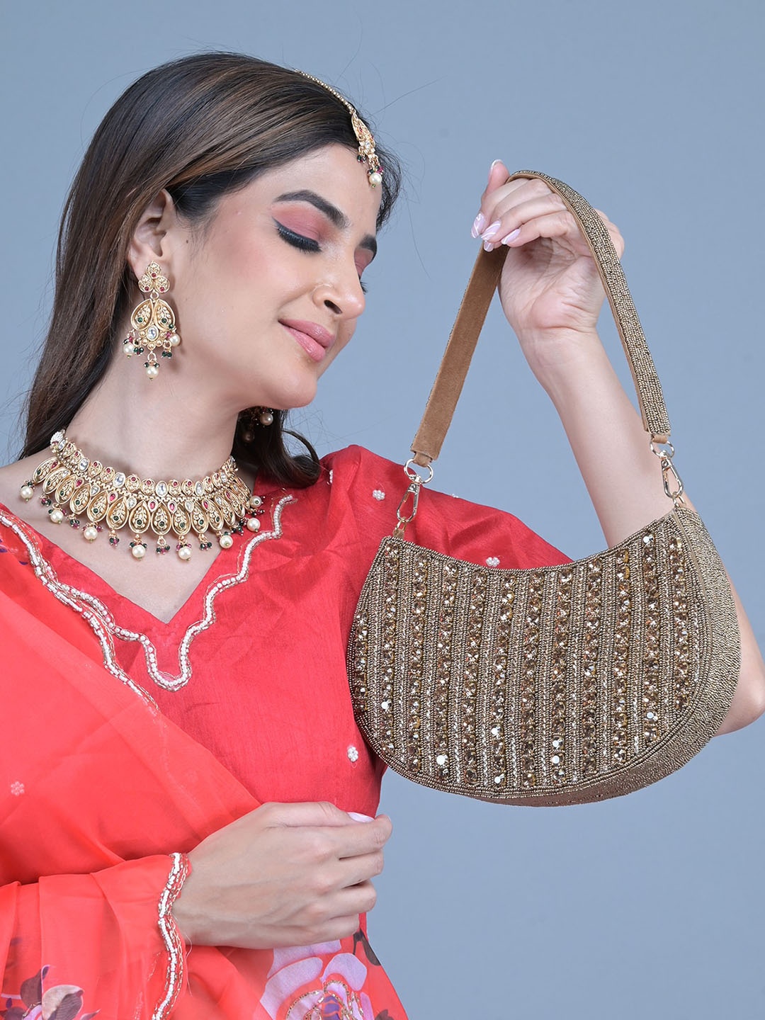 

ODETTE Embellished Half Moon Handheld Bag, Bronze