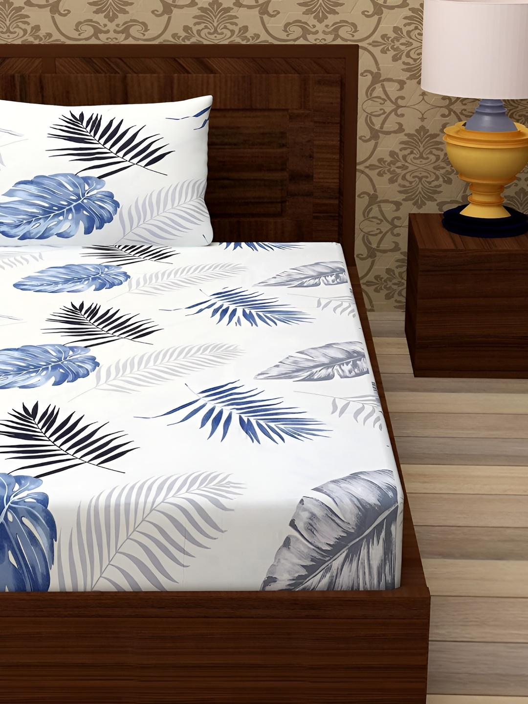 

PHOEBEE White & Blue Ethnic Motifs 120 TC Single Bedsheet with 1 Pillow Covers