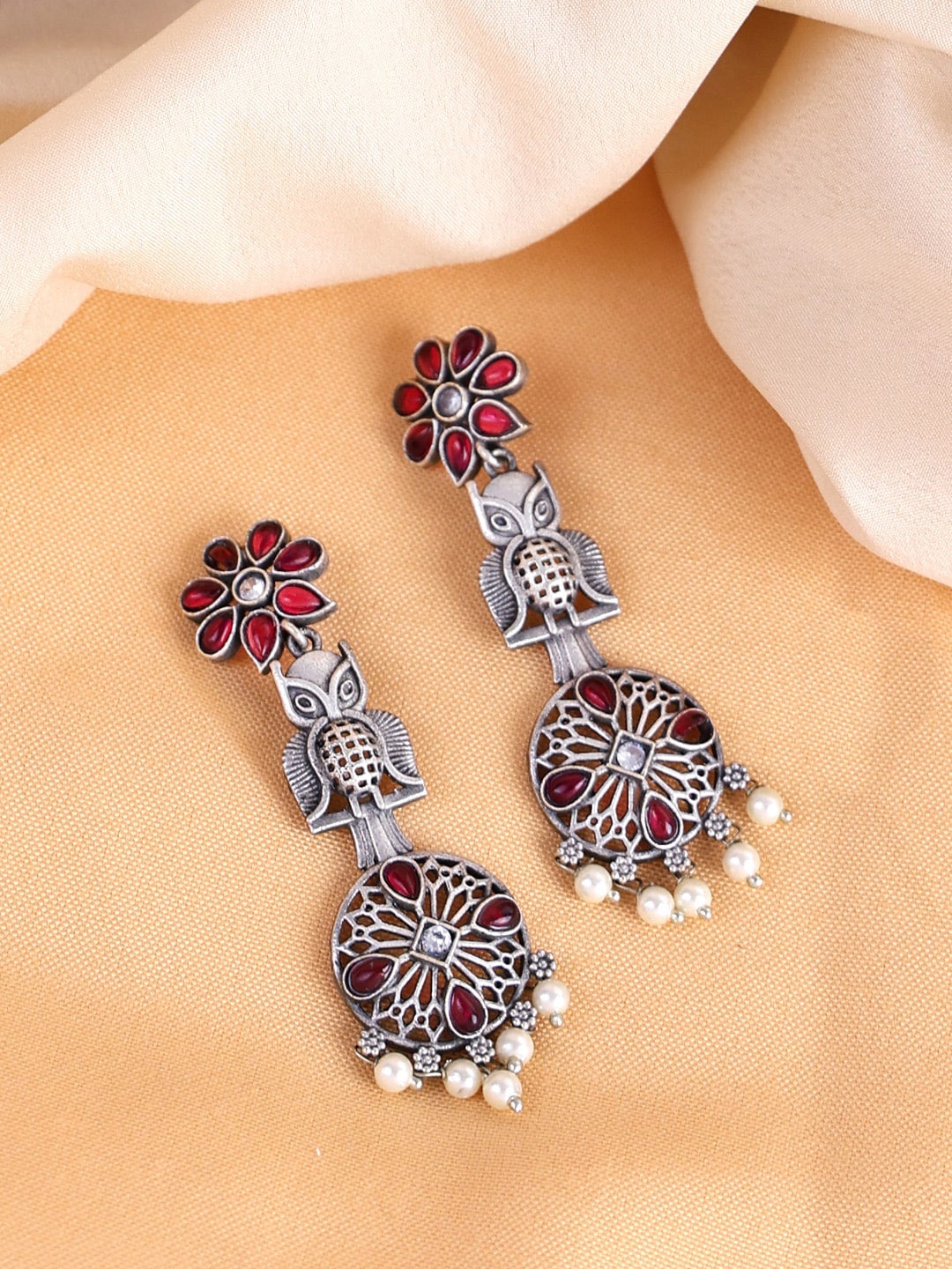 

PANASH Silver-Plated Pink Stone Studded & Beaded Earrings