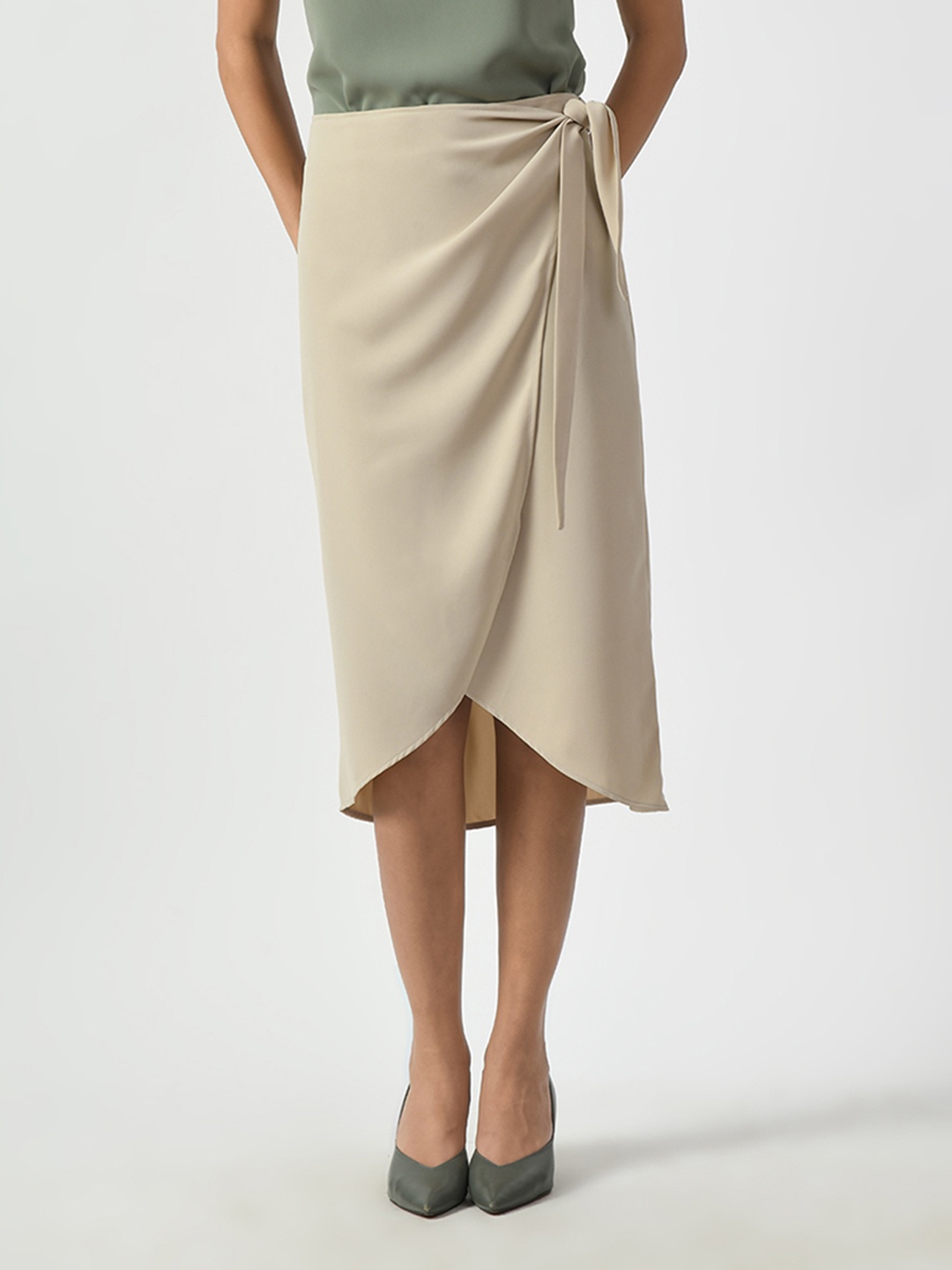 

OFFICE & YOU Knee Length Overlap Wrap Skirts, Beige