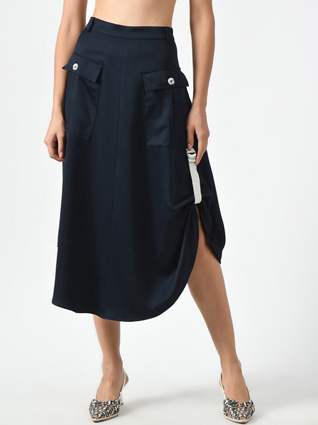 

OFFICE & YOU Satin Pockets A-Line Midi Skirt, Navy blue