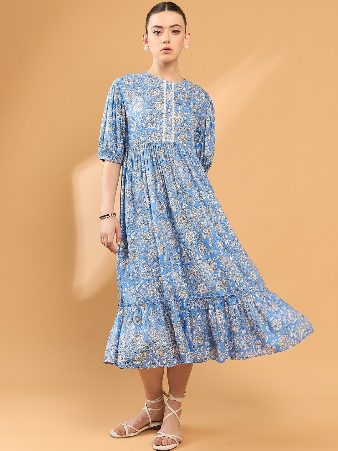 

all about you Floral Print Puff Sleeve A-Line Midi Dress, Blue