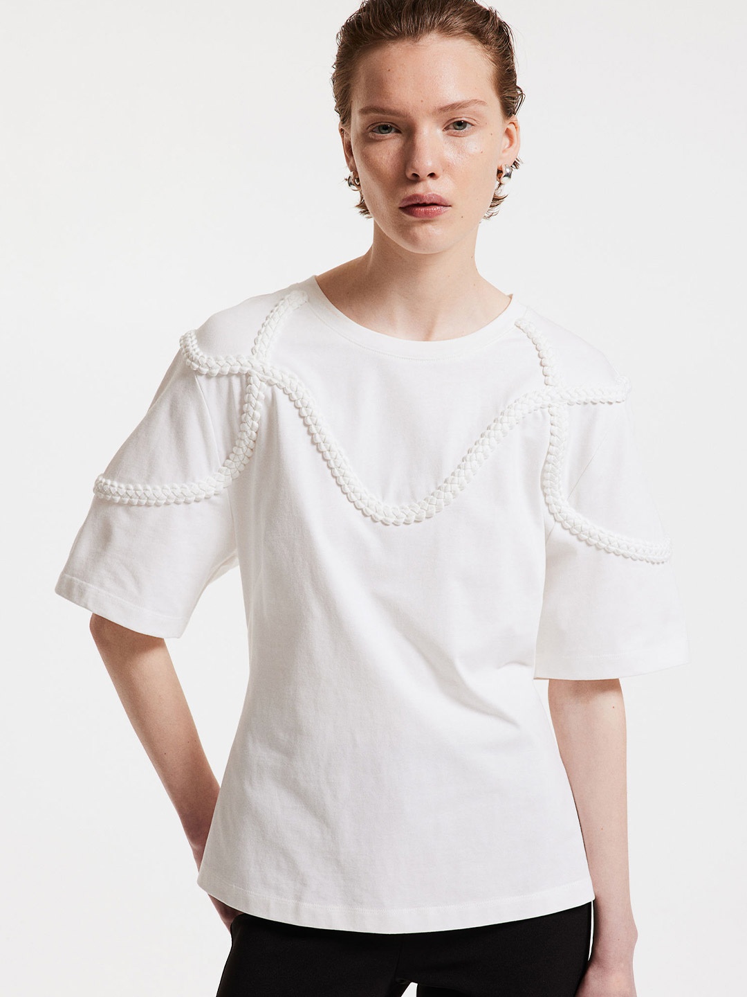 

H&M Pure Cotton Braid-Trim T-shirt, White