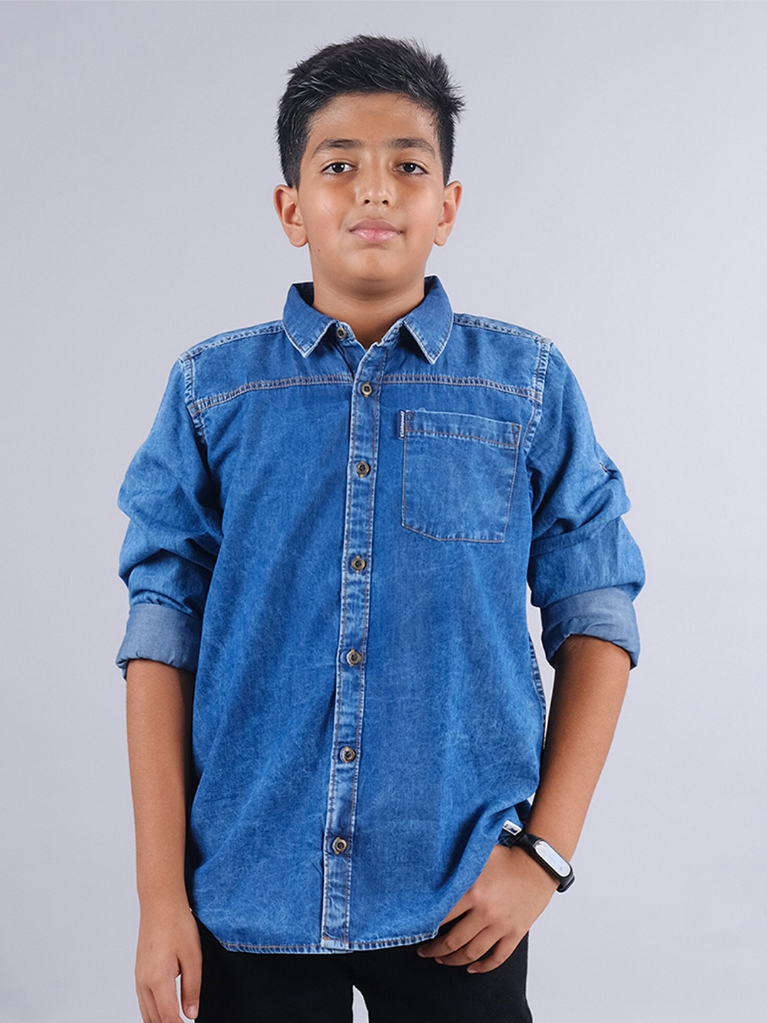 

KiddoPanti Boys Regular Fit Dyed Opaque Denim Casual Shirt, Blue