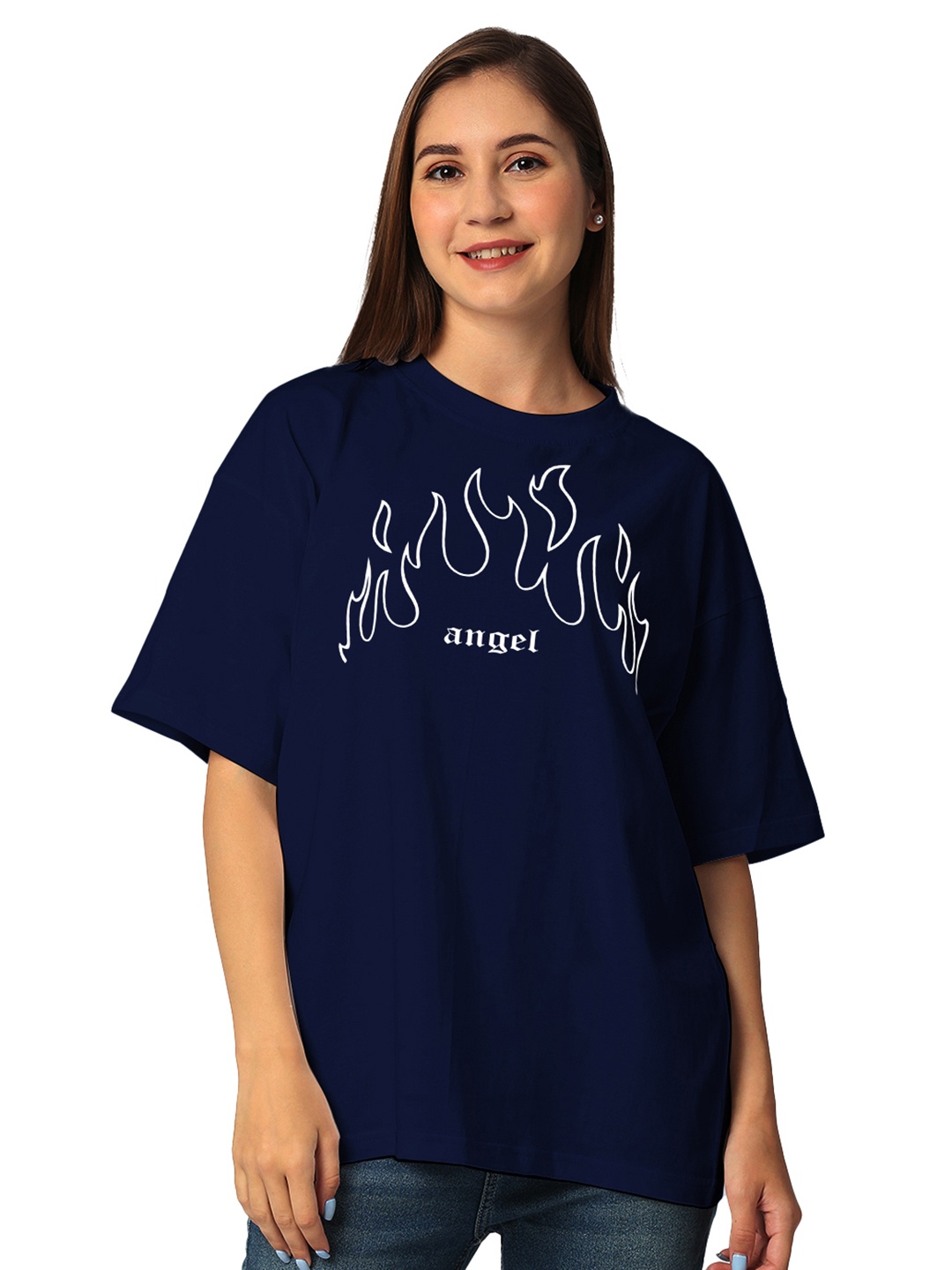 STATUS MANTRA Typography Printed Oversized T-shirt, Navy blue
