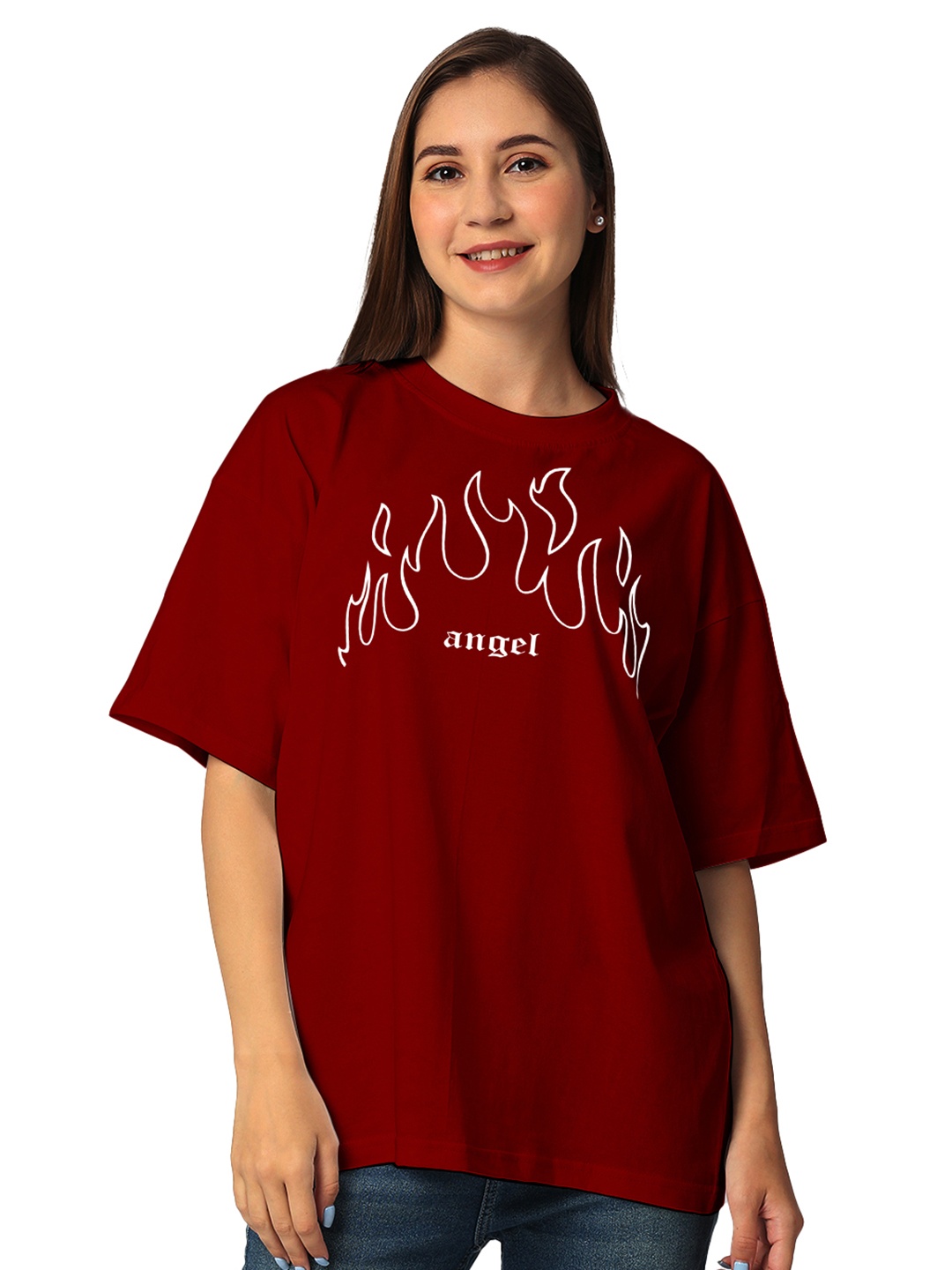 

STATUS MANTRA Typography Printed Drop-Shoulder Sleeves Oversized T-shirt, Maroon