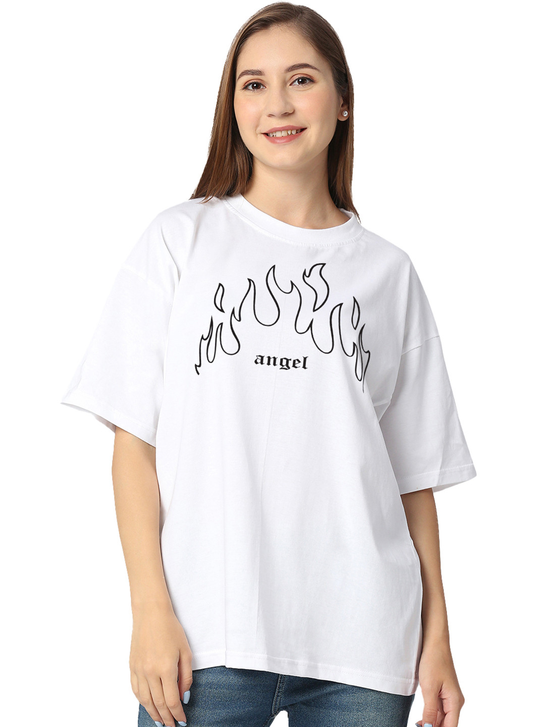 

STATUS MANTRA Typography Printed Drop-Shoulder Sleeves Oversized T-shirt, White