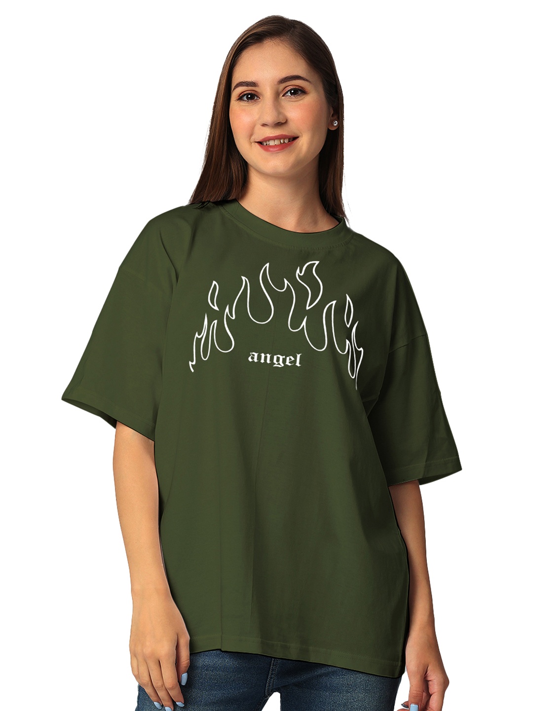 

STATUS MANTRA Typography Printed Drop-Shoulder Sleeves Oversized T-shirt, Olive
