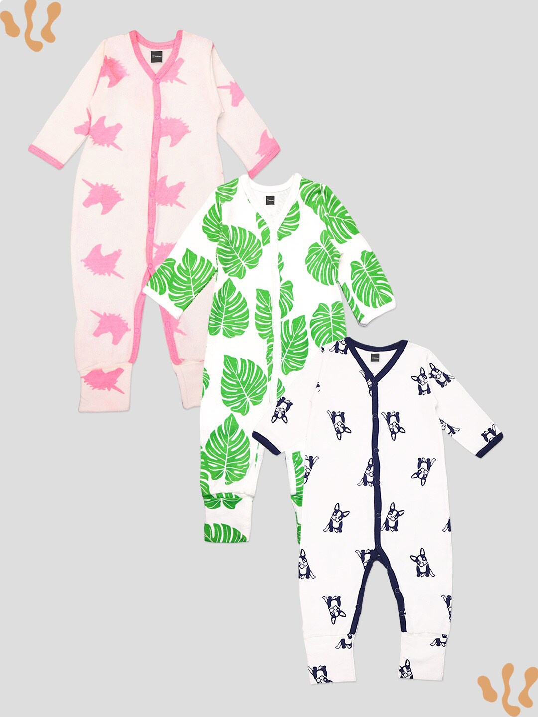 

Kidbea Infants Pack Of 3 Printed Pure Organic Cotton Rompers, Green