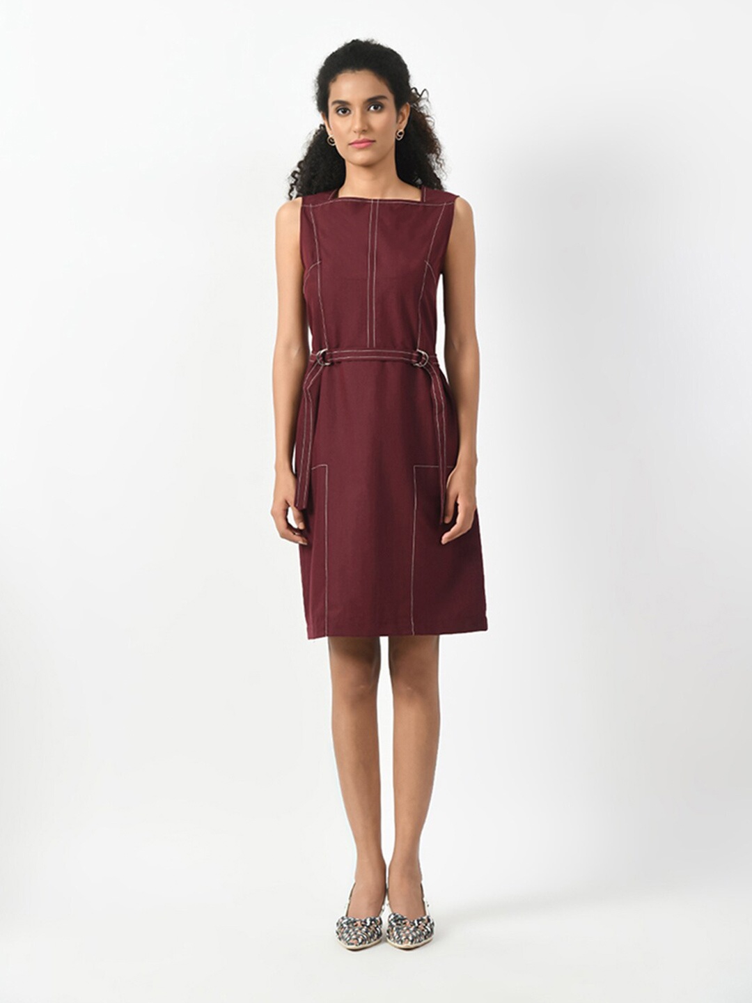 

OFFICE & YOU Round Neck Cotton A-Line Dress, Maroon