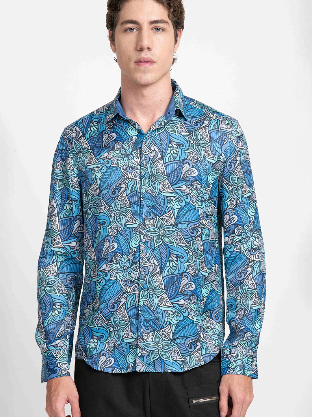 

KISSOSS Men Relaxed Slim Fit Floral Printed Party Shirt, Blue