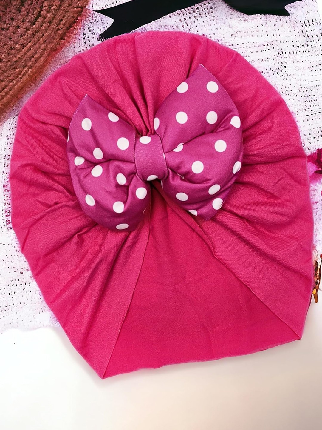 

ANNA CREATIONS Infant Girls Bow-Details Turban Beanie Cap, Pink