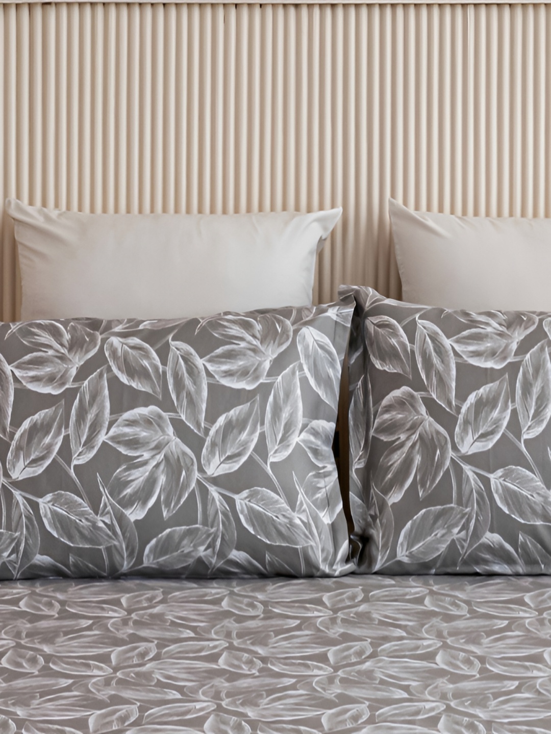 

HOMEMONDE Grey & White 2 Pieces Self Design Pure Cotton Rectangle Pillow Covers