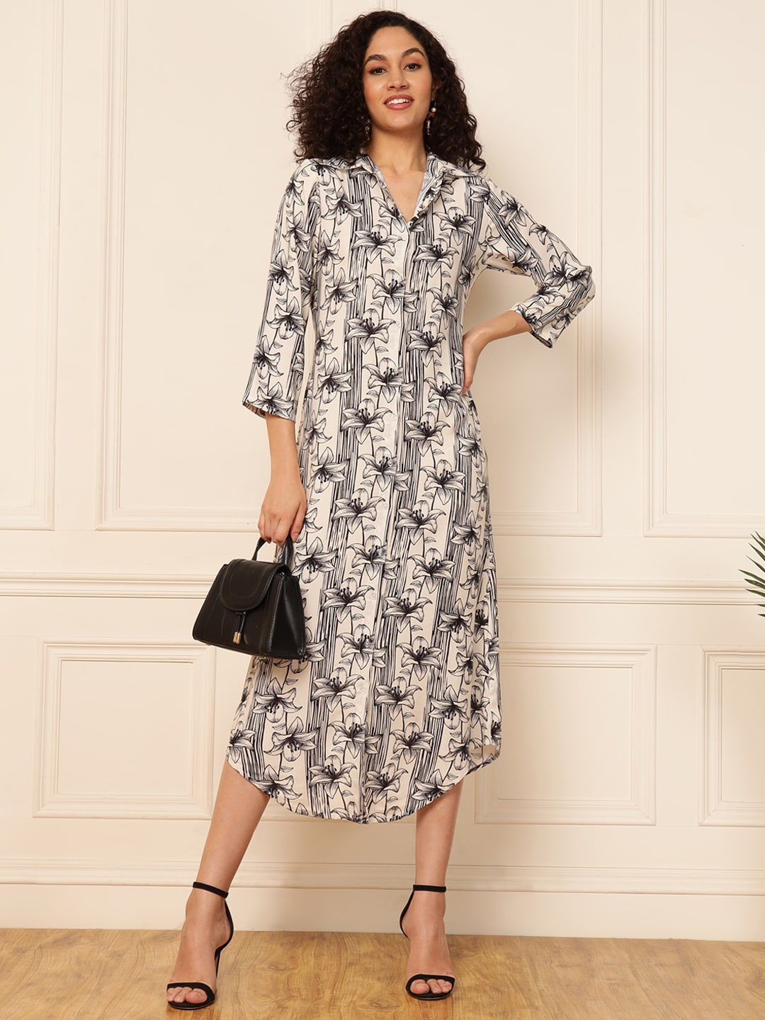 

DEEBACO Floral Print Shirt Midi Dress, Black